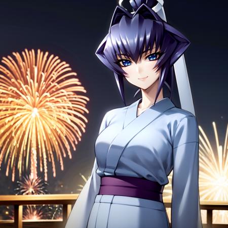 solo, Mitsurugi Meiya, blue hair, blue eyes, high ponytail, yukata, fireworks, night, light smile