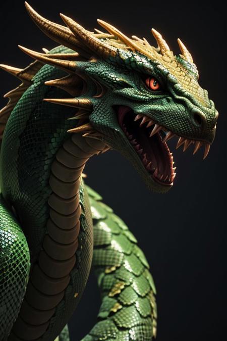 Asian dragon , green, red, gold snake gradient vibrant neon colour, rough, textural, broad brush strokes, red color prominent detailed, alienzkin, silhouette, spotlight, dark theme, c4d, blender, raytracing, unreal engine 5, render 3d, face close up,