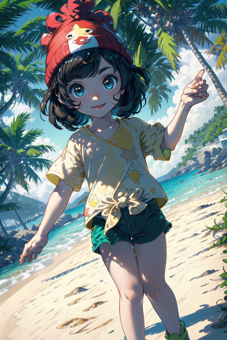 masterpiece, best quality, (AS-Younger:1.3), <lora:SeleneLora-10:0.7>, selene \(pokemon\), smile, beanie, yellow shirt, green shorts, tropical beach, cliff, solo, 1girl, standing,