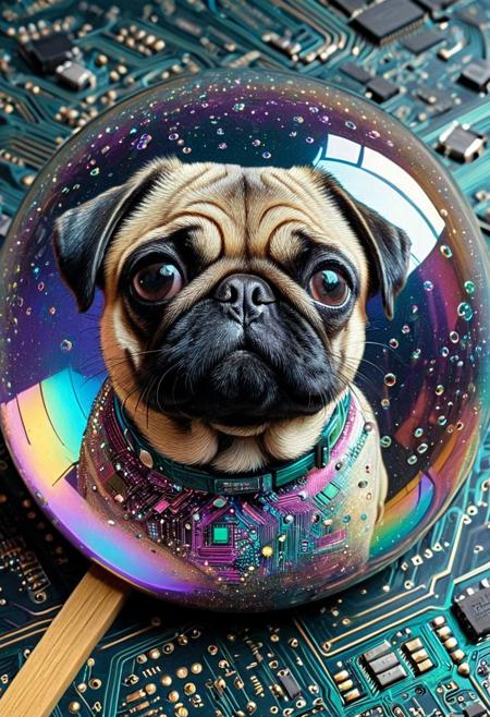 cute pug in a bubble,
iridescent, (pcb woven design:1.1), cosmic reflection, close-up, cyberpunk