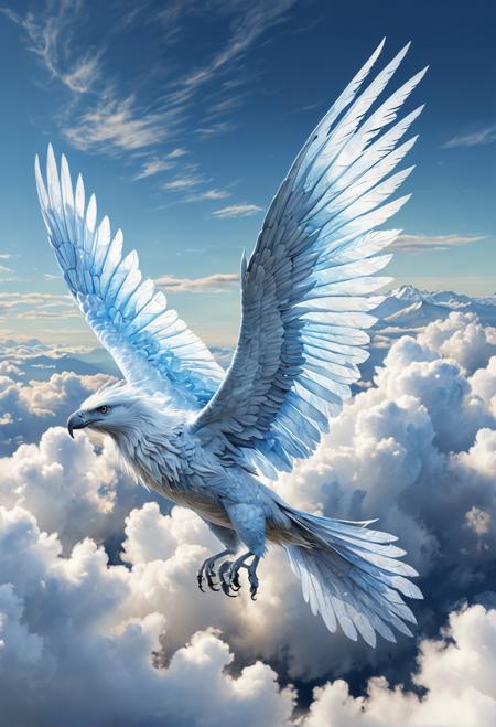Meet the Luminawing, a bioluminescent winged creature that inhabits the misty mountains.  The Luminawing's fur is a mesmerizing blend of soft blues, creamy whites, and shimmering silvers (soft blue, creamy white, shimmering silver).  Camera angle: Aerial view from above, with the Luminawing soaring through the clouds.  Drawing style: Realistic, watercolor, sketchy. (Realistic, Watercolor, Sketchy)  Prompt: High-quality 4K detailed ultra HD rendering of the majestic Luminawing in mid-flight against a gradient sky with fluffy white clouds.