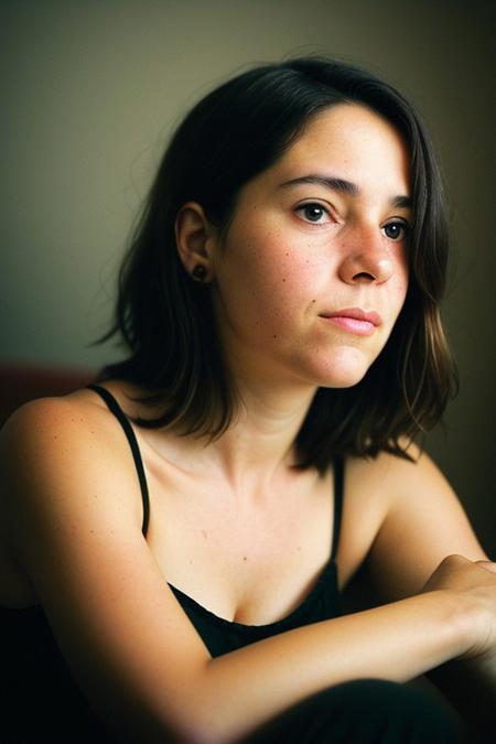The image portrays a young woman with long, dark hair holding a vintage camera close to her face, partially obscuring one of her eyes. She gazes directly into the lens with an intense, thoughtful expression. The photograph has a distinct cinematic and nostalgic aesthetic, with soft lighting, a grainy texture, and subtle color grading that gives it a vintage, film-like quality.
Subject and Composition
The subject's face is positioned slightly off-center, drawing immediate attention to her sharp and expressive features. Her dark, well-defined eyebrows frame her deep-set eyes, which are slightly shadowed, adding to the introspective mood of the image. Her lips, which are slightly parted and tinted a natural red, contrast subtly with her smooth, pale skin. Strands of hair fall loosely across her face, reinforcing the unposed, organic nature of the portrait.
The camera she holds is an older model, silver and black with a rounded lens, possibly a vintage point-and-shoot film camera. Its reflective surface catches some light, making it a noticeable focal point. Her fingers gently rest on the camera's body, showcasing her relaxed grip, suggesting familiarity and comfort with the device. The camera partially obscures her left eye, creating an artistic and symbolic interplay between the act of capturing an image and being observed.
