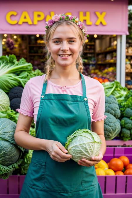 photo RAW,(Ukraine woman, the seller in the store, with an smiling expression, holds cabbage in her hand, pink uniform ,look to camera,(bokeh:1.1)), masterpiece, award winning photography, natural light, perfect composition, high detail, hyper realisti,(Fill with vegetables:1.2),green eyes, blonde hair,