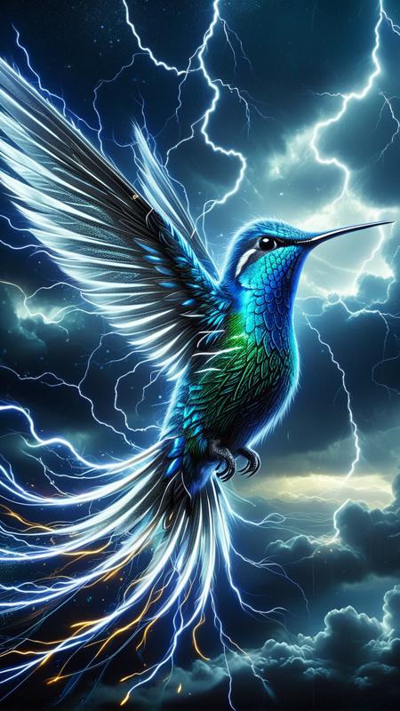 A majestic lightning colibri, a hummingbird with iridescent electric-blue and silver feathers, soaring through a stormy sky. Its wings beat rapidly, leaving trails of glowing lightning arcs. Sparks crackle along its wings and tail, and its eyes emit a soft, radiant light. The dark thunderclouds behind are illuminated by flashes of lightning, harmonizing with the birdâs movements. Ultra-detailed, fantasy art style, 4K resolution. <lora:lightning_thunder_V1.1:0.75>