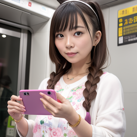 mtr, erica, tvb, kawaii, woman, artist, instagram, photographed using Sony A9 II (Mirrorless Camera), by photographer, photorealistic, (photorealistic:1.2), masterpiece,   best quality,  depth of field,  (looking at viewer:1.9), shiny skin, blurry background,
double braid, wearing watch, handbag, holding nintendo switch
, wearing wireless headphone