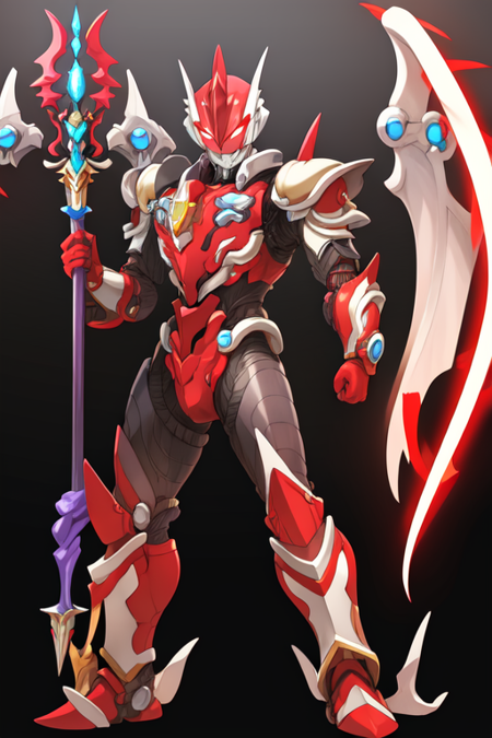 ultramannewgen, solo, teeth, red gloves, red eyes, straight-on, staff, white gloves, arm cannon, redesign, power armor, wings