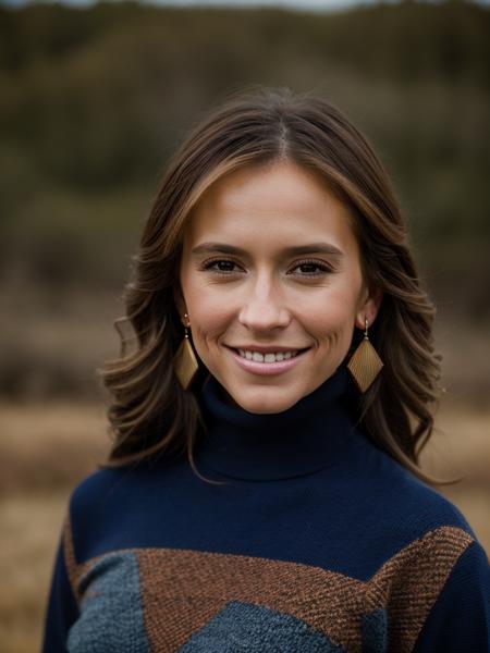 Realistic photo of a beautiful j3nn1f3rlh-v1 woman, 1girl, long hair, breasts, smile, brown hair, turtleneck sweather, jewelry, earrings, teeth, solo focus, grin, realistic, soft lighting, professional Photography, Photorealistic, detailed, RAW, analog, sharp focus, 8k, HD, DSLR, high quality, Fujifilm XT3, film grain, award winning, masterpiece<lora:j3nn1f3rlh-v1:1.0>