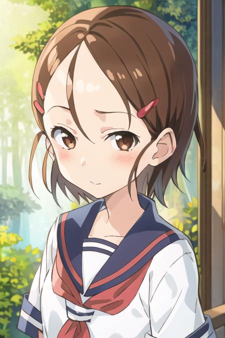 1girl, yukari_tenkawa, brown eyes, short hair, brown hair, hairclip, hair ornament, forehead, school uniform, sailor collar, serafuku, looking at viewer, forest <lora:yukari_tenkawa:0.7>