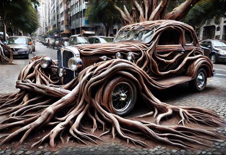 morph-treeroots , vintage car,polished chrome details,classic style design,in city,photography<lora:tree roots_0_100_V1-000008:1>