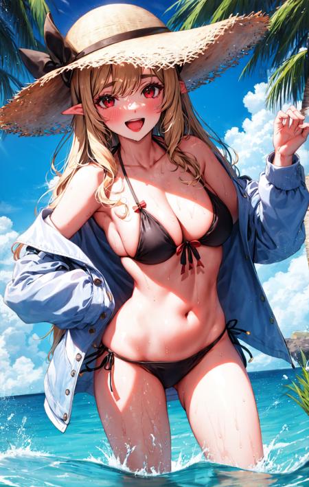 1girl, :d, alternate_costume, bangs, bare_shoulders, bikini, bikini_skirt, black_bikini, blonde_hair, blue_sky, blush, bow, breasts, cleavage, collarbone, cowboy_shot, day, eyebrows_visible_through_hair, front-tie_bikini, groin, hand_on_hip, hat, horns, jacket, long_hair, looking_at_viewer, medium_breasts, navel, off_shoulder, official_alternate_costume, open_clothes, open_mouth, outdoors, pointy_ears, red_eyes, see-through, sidelocks, sky, smile, solo, standing, stomach, straw_hat, sun_hat, swimsuit, thighs, very_long_hair, virtual_youtuber, wading, water, wet <lora:style_parsleyNew:1>