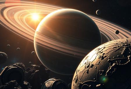 "A Solar system, Heliosphere, Heliopause, 
Artifical metallic planets, galaxy suturation background, Realistic Lighting, cinematic scene, dramatic lens flare, cinematic atmosphere. Hyper-realistic, 3D render, 4K resolution. Cinematic lighting brings out the depth and detail in every engraving, armor texture, and metallic surface, with a subtle film grain overlay that adds realism and texture."