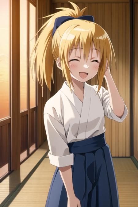 1girl, solo, masterpiece, best quality, absurdres, cute, ultra-detailed, (perfect anatomy, perfect hand), <lora:chiba_kirino-000100:0.6>, chiba kirino, smile, open mouth, closed eyes, hair bow, ponytail, japanese clothes, sunset, blue hakama, indoors