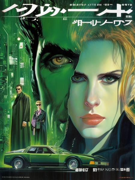 noriyoshiohrai style, movie poster, highly detailed, facial focus, sharp focus, stunningly beautiful young pale girl, (innocent eyes:1.1), and a handsome man, green black, (cyber neo noir:1.2), highest quality, masterpiece, avant garde