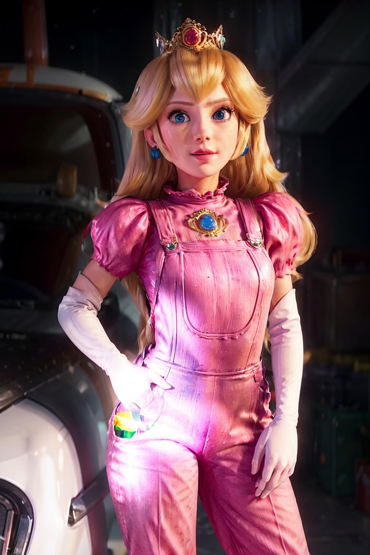 A doll with blue eyes, wearing a pink dress and overalls, is standing next to a car.