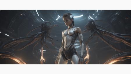 stunning view of a strong 13 year preteen tomboys xenomorph with tentacles and white scales for skin , wearing cloth bandage wraps  electronically-lit in the fashion Eve online  Warframe  Total Recall  Minority report 
Contact,   looking  over a star-ship or space ship hanger
 strong muscular  (muscle striations bodybuilder) body showing off her visible (super-flat toned defined chiseled ripped abs),  hair tattoos multicolored dyed shaved sides hairstyles, ((glowy multicolored burning eyes)) magical,
fire in the sky.  hair tattoos, inside of futuristic split level, white, space age space station orbiting a gas giant with many moons in an oval room relaxing kissing and large rounded windows /
IMAGINE THE WHOLE SCENE AS IF 1000 YEARS IN THE FUTURE doing something interesting
 ,4k, photorealism,