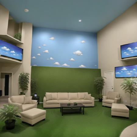 (indoors:1.3), fake plants, fake grass, fake sky painted on the wall, sofa, chair, table, television, 
<lora:Liminal_Spaces_XL:1>