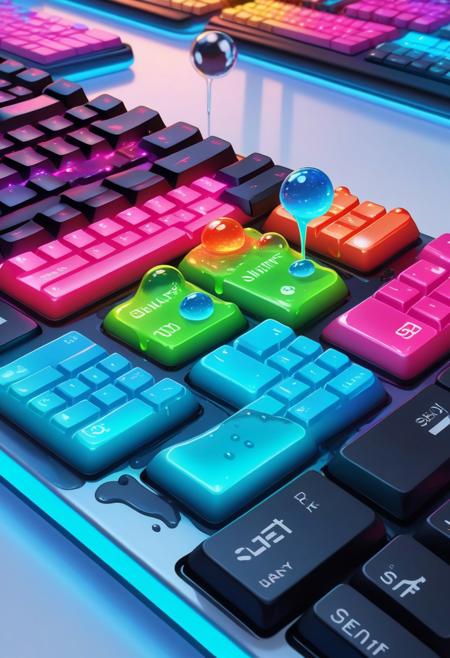 High quality, (masterpiece:1.0), dynamic angle, glowing, high detailed, fluorescent neon color, SF art, closeup keyboard key made of slime, eledant, white background,