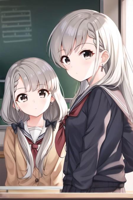 hisakawa hayate / hisakawa nagi, 2girls, asymmetrical bangs, bow, braid, braided bangs, brown cardigan, cardigan, classroom, earrings, expressionless, grey hair, hair bow, head tilt, indoors, jewelry, looking at viewer, miroir, multiple girls, neckerchief, school uniform, serafuku, siblings, sisters, straight hair, twins, twintails, upper body
  <lora:hisakawa-v2.0-r1:1>