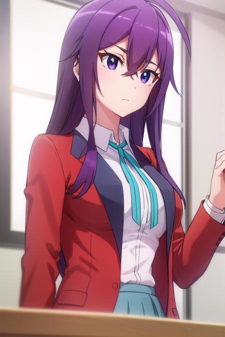 karenkannazuki, <lora:karen kannazuki s2-lora-nochekaiser:1>,
karen kannazuki, long hair, (purple eyes:1.1), purple hair, ahoge,
BREAK skirt, school uniform, blazer, (red blazer:1.5), shirt, white shirt, collared shirt, ribbon, blue ribbon,
BREAK indoors, classroom,
BREAK looking at viewer,
BREAK <lyco:GoodHands-beta2:1>, (masterpiece:1.2), best quality, high resolution, unity 8k wallpaper, (illustration:0.8), (beautiful detailed eyes:1.6), extremely detailed face, perfect lighting, extremely detailed CG, (perfect hands, perfect anatomy),