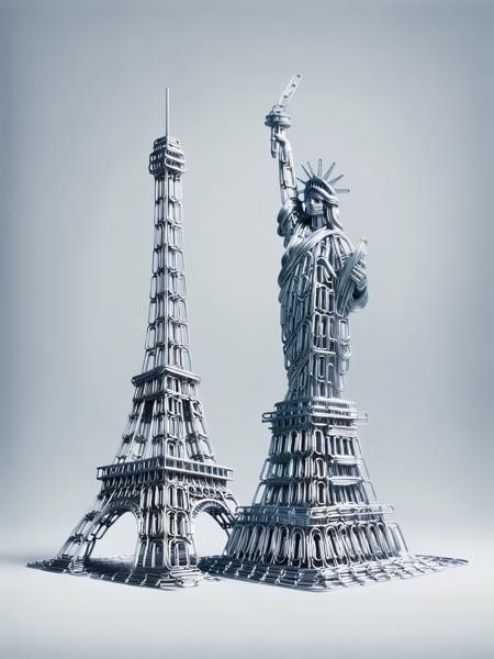 The Eiffel Tower and the Statue of Liberty, each constructed from ais-paperclips, standing side by side <lora:Paperclips_Style_SDXL:1>.