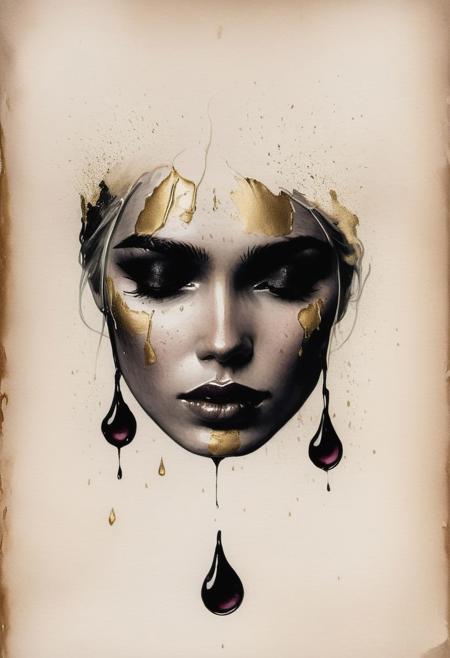 RAW profile photo, close-up, dark atmosphere, crying with tears made of gold, masterpiece, cinematic film still of a blonde beautiful woman, detailed skin, freckles ,eyeliner, dark lipstick, black lace turtleneck dress, tack sharp focus on eyes, Sensual, lustful, seductive,  intricate, ultra detailed, 8k, <lora:MS_DitavT_V1_32:0.6>