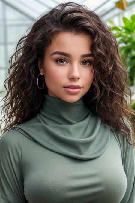 closeup headshot of S239_AliyaKiss,a beautiful woman,in a (green-house),wearing a (cowlneck:1.1),(4k, RAW photo, best quality, depth of field, ultra high res:1.1),(absurdres, intricate, photorealistic, masterpiece, ultra-detailed:1.2),
