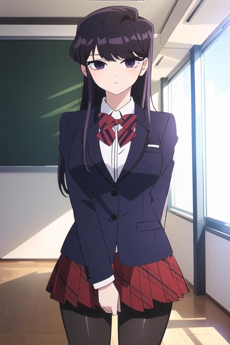 <lora:ShokoKomi_KS:0.8> ShokoKomidef, purple hair, purple eyes, long hair
absurdres, 1girl, looking at viewer, standing, v arms, pantyhose, classroom, cowboy shot, school uniform, red skirt, red bow, blazer
masterpiece, best quality,