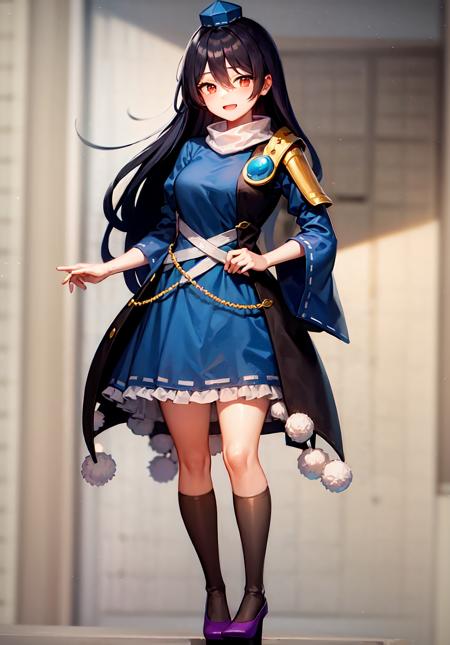 Iizunamaru Megumu, blue tokin hat, white circle scarf, blue dress, golden pauldron, black cape, pom pom (clothes), purple tengu-geta, standing
 <lora:Iizunamaru_Megumu_v2.0:0.85>