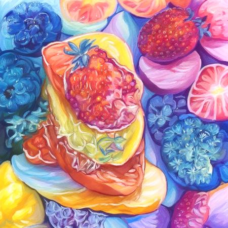 crl_fd6  style, masterpiece, best quality, extremely detailed, detailed background, detailed pastel colors, illustration, watercolor, paint splatter, cake, dessert, fruits, dripping paint