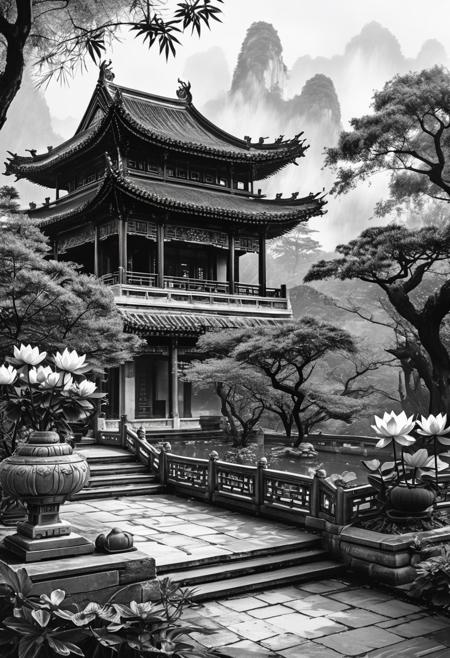 black-and-white ink drawing, serene landscape, traditional Chinese temple, multi-tiered curved roof, ornate eaves, intricate carvings, wooden lattice windows, raised stone platform, low stone wall, dense foliage, foreground lotus flowers, overlapping petals, fine lines, cross-hatching texture, varying lotus sizes, organic arrangement, middle ground temple, detailed architectural features, dark smoky sky, stormy atmosphere, high-contrast ink shading, meticulous linework, atmospheric depth, traditional Chinese art techniques.