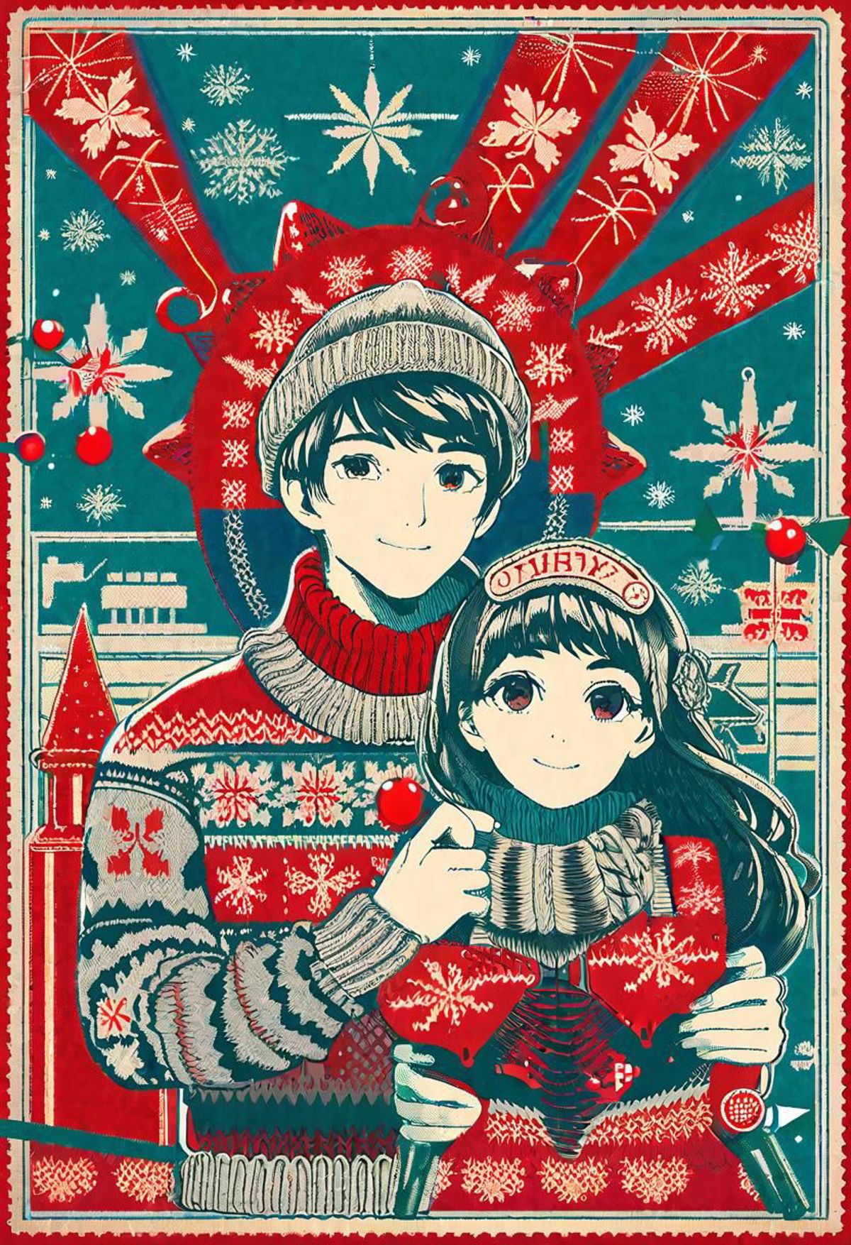 A man and woman wearing winter sweaters and hats, smiling and hugging each other.