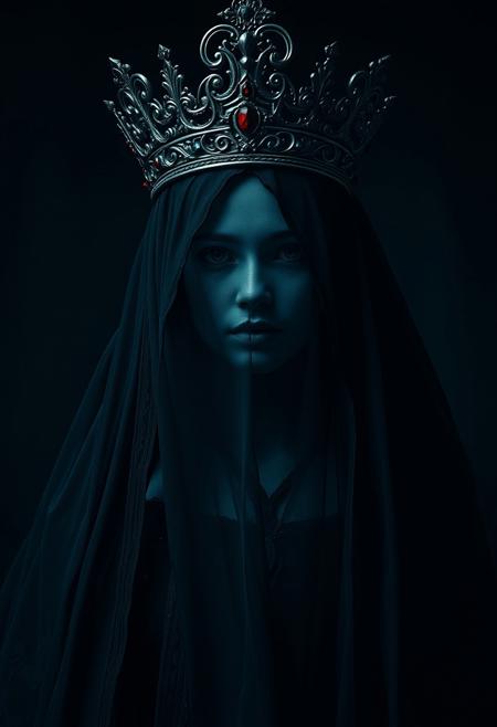 In this captivating dark fantasy portrait, a mysterious veiled queen stands proudly, exuding an aura of power and silent command. Her face, partially obscured by an enigmatic veil, is shrouded in shadow and intrigue. The queen's ornate crown, adorned with striking crimson details, contrasts against the deep teal and black color palette. The low-key lighting creates a dramatic atmosphere, with shadows adding depth to the exquisite textures of her regal attire. The background is dark and mysterious, heightening the sense of secrecy and allure. The cinematic style, achieved through a shallow depth of field and high ISO for grain, combined with a 85mm lens, captures the queen's regal presence in a realistic yet dreamlike manner., dark fantasy, anime