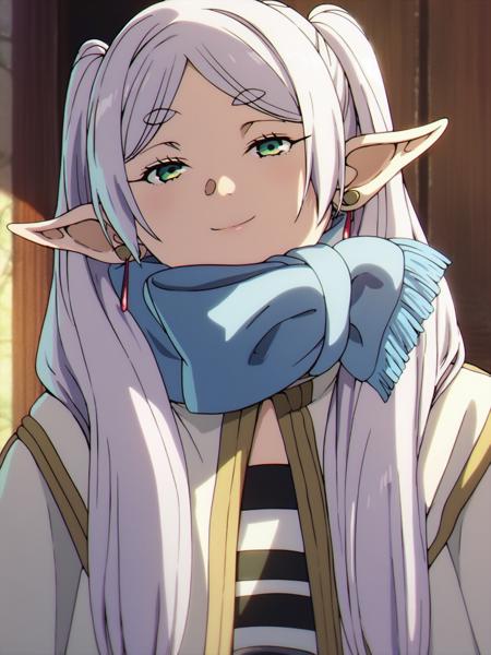 1girl, sfrieren, elf, pointy ears, silver hair, white hair, green eyes, BREAK
scarf, earrings, BREAK
upper body, smile, closed eyes, BREAK
<lora:sfrieren_ponyxl:1>, score_9, score_8_up, score_7_up, score_6_up, anime,
(high quality, detailed, beautiful), shiny, detailed beautiful eyes, outstanding, countershading, detailed soft lighting