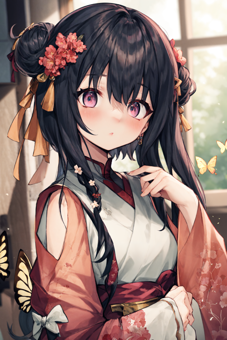 masterpiece, best quality, extremely detailed, detailed background, detailed face, hanfu, 1girl, chinese clothes, hair ornament, flower, long hair, solo, hair flower, window, lattice, from outside, long sleeves, black hair, hair bun, wide sleeves, petals, jewelry, pink flower, butterfly, branch, bug, earrings, looking at viewer, indoors, upper body, light particles, light rays, atmospheric lighting, facing viewer, close up