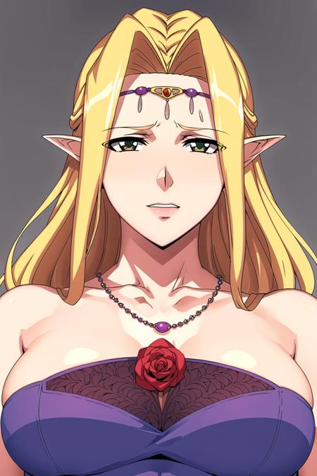 (day),Simple White Background,
Standing at attention,
purple dress,bare shoulders, collarbone, chain, necklace,red rose,jewelry, gem,
<lora:Christina_Rothschild_Himekishi-KK77-V1:0.7>,long pointy ears,elf,
blonde hair,,bangs, long hair, 
<lora:Mariana_Luciano_NON_VIRGIN-KK77-V1:0.3>,<lora:more_details:0.1>,
1 girl, 20yo,Young female,Beautiful Finger,Beautiful long legs,Beautiful body,Beautiful Nose,Beautiful character design, perfect eyes, perfect face,expressive eyes,perfect balance,
looking at viewer,(Focus on her face),closed mouth, (innocent_big_eyes:1.0),Light_Smile,
official art,extremely detailed CG unity 8k wallpaper, perfect lighting,Colorful, Bright_Front_face_Lighting,shiny skin,
(masterpiece:1.0),(best_quality:1.0), ultra high res,4K,ultra-detailed,
photography, 8K, HDR, highres, absurdres:1.2, Kodak portra 400, film grain, blurry background, bokeh:1.2, lens flare, (vibrant_color:1.2),professional photograph,
(Beautiful,large_Breasts:1.4), (beautiful_face:1.5),(narrow_waist),