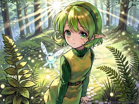 saria green hair, pointy ears, short hair, tunic