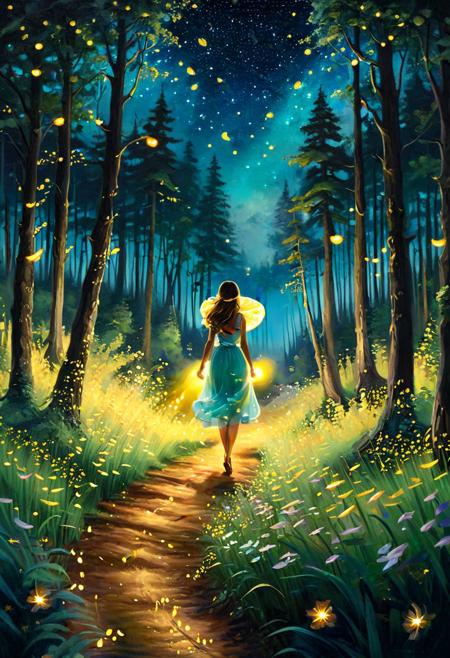 a painting of a woman walking through a forest at night, fairy princess, distant twinkling stars, soft lighting album cover, walking toward you, among wonderful golden fireflies, endless night, glittering hair, walk.high detailed illustration, masterpiece.