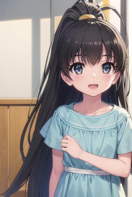 hinatakanashi, <lora:hina takanashi s1-lora-nochekaiser:1>,
hina takanashi, long hair, black hair, (black eyes:1.3), ponytail, antenna hair, child, smile, open mouth,
BREAK dress, yellow dress, short sleeves,
BREAK indoors,
BREAK looking at viewer, (cowboy shot:1.5),
BREAK <lyco:GoodHands-beta2:1>, (masterpiece:1.2), best quality, high resolution, unity 8k wallpaper, (illustration:0.8), (beautiful detailed eyes:1.6), extremely detailed face, perfect lighting, extremely detailed CG, (perfect hands, perfect anatomy),