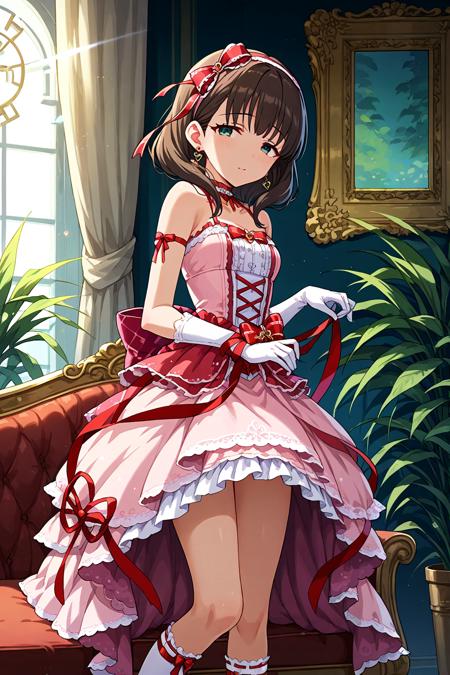 idolsakuma dress, jewelry, gloves, earrings,ribbon, hairband, looking at viewer, pink dress,bare shoulders, bow, heart, white gloves, choker, red ribbon, hair ribbon,socks