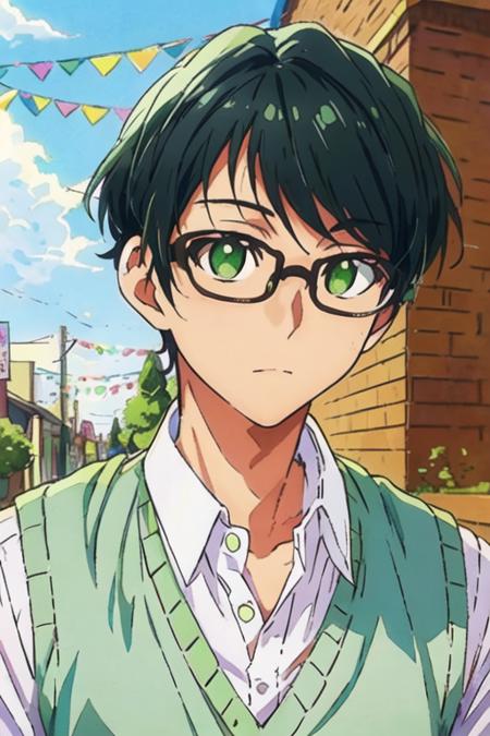 masterpiece, best quality, illustration, 1boy, solo, male focus, looking at viewer, upper body, depth of field, <lora:tasuku_kuresawa:0.72>, tasuku_kuresawa, black hair, , green eyes, ,