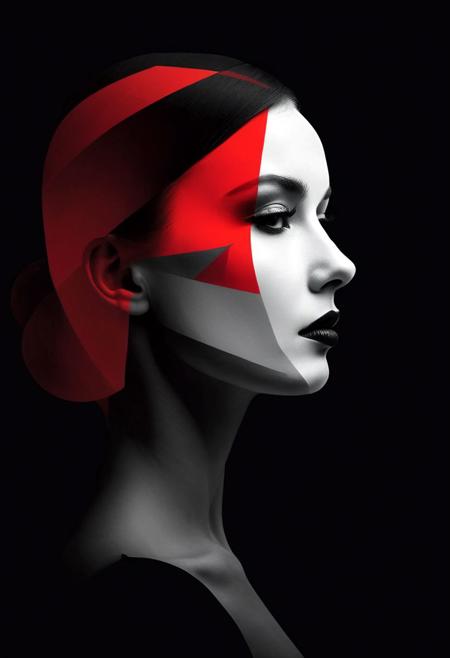 minimalist (stylized:1.2) vector art illustration, profile of a woman in a black and white and red color scheme, simplified shapes, flat colors,  negative space to achieve the illusion of a face, reduced details, strong geometric shapes, black background, highly stylized graphic design