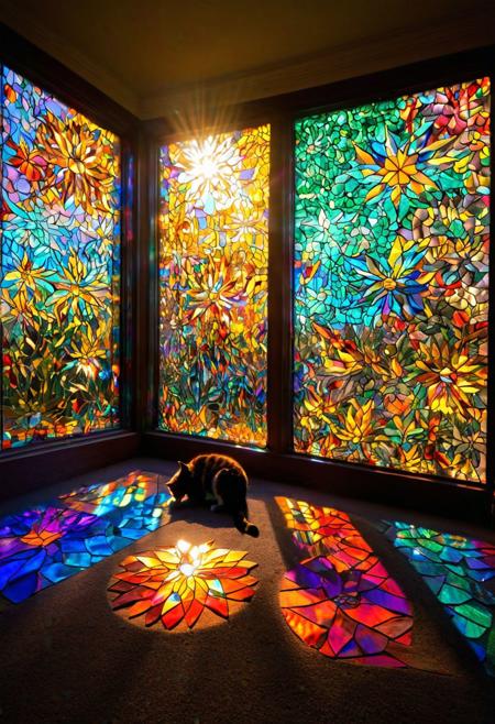 Beautiful colourful leadlight window showing images of a family of cats at play, 
sun shining through casting a shadow on thefloor, 
Broken Glass effect, 
no background, 
stunning, 
something that even doesn't exist, 
mythical being, 
energy, 
molecular, 
textures, 
iridescent and luminescent scales, 
breathtaking beauty, 
pure perfection, 
divine presence, 
unforgettable, 
impressive, 
breathtaking beauty, 
Volumetric light, 
auras, 
rays, 
vivid colors reflects