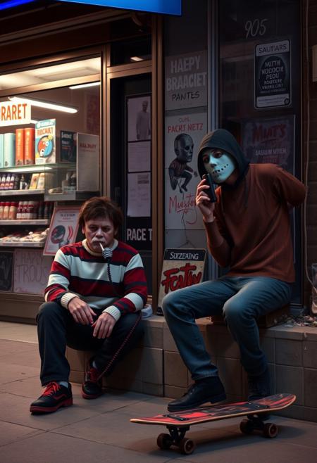 outside a minimarket, 20 years old Freddy Krueger smoking a cigarrette sitting on the sidewalk, 18 years old jason voorhees watching her telephone, 21 years old michael myers on a skateboard doing tricks