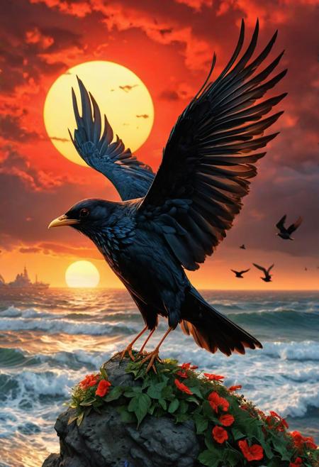 <lora:md2034:0.5> awe inspiring, interest arousing
poster_\(medium\), Full length, 2 meters distance away, distance shot, full body, whole body, perfect photograph, vivid detail, (( The blackbirds, they fell in thousands from the sky
The red wings streaming down from the higher seas
Deflected by the ground
They crowned the sun
They crowned the sun (they crowned the sun)
They crowned the sun (they crowned the sun)) , emblem,(simple_background:1.3), symmetry,(no_humans:1.3),, (masterpiece:1.3), (best_quality:1.3), (ultra_detailed:1.3), 8k, extremely_clear, realism, (ultrarealistic:1.3), insane details, perfect composition, intricate details, hyperdetailed, ultra detailed, extreme detailed, highest detailed, high_detail, colorful, beautiful, hdr, photorealistic, highres, ultra_high_res, photography, aesthetic, extremely_delicate,