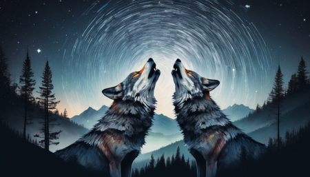 surreal double exposure portrait of a beautiful howling wolve in dark mountain forest scenery against star trail starry night, by Dave White, Conrad Roset, Brandon Kidwell, Andreas Lie, Dan Mountford, Agnes Cecile, triadic colours, thick opaque strokes, accurate depth of field, hyper detailed, whimsical, dynamic, dreamy masterwork