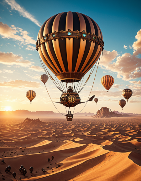 Steampunk, a flying hot balloon over a desert in sunset, retrofuturistic science fantasy, steam-powered tech, vintage industry, gears, neo-victorian, steampunk