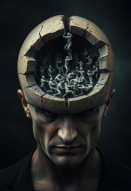 Surreal and dark image of a man with a cracked open skull, revealing a chaotic scene inside. Tiny human figures are struggling and intertwined within the brain cavity, depicting a scene of turmoil and conflict. The texture of the skull is highly detailed, with a dark, atmospheric background. The man’s expression is stern and intense, adding to the sense of inner strife and unease.