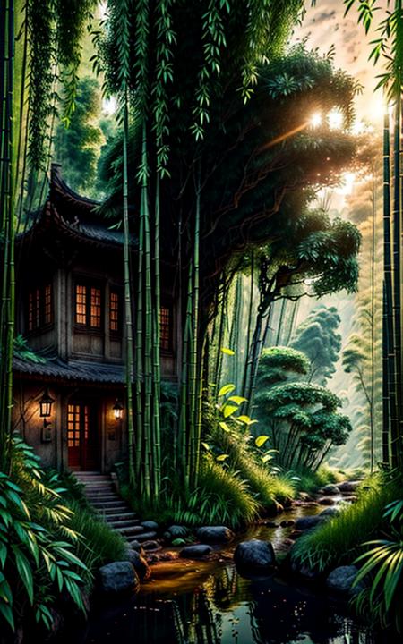 (best quality,ultra-detailed,realistic,RAW photo,8k uhd,ultra high res,photorealistic style,cinematic scenes, masterpiece,dramatic lighting,extremely detailed CG unity wallpaper) ,empty scene,bamboo forest,at summer evening,<lora:CSAL_Jiangnan_v11_100:1>