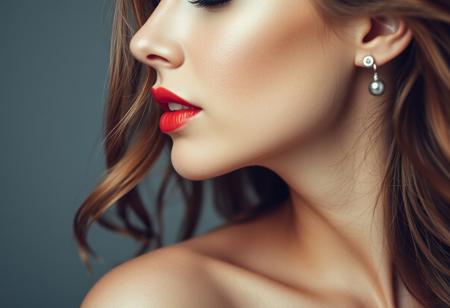 The image is a photograph showcasing an upper torso view of a beautiful woman, with  artistic lipstick and eyeshadow design. and long, wavy hair
Side view