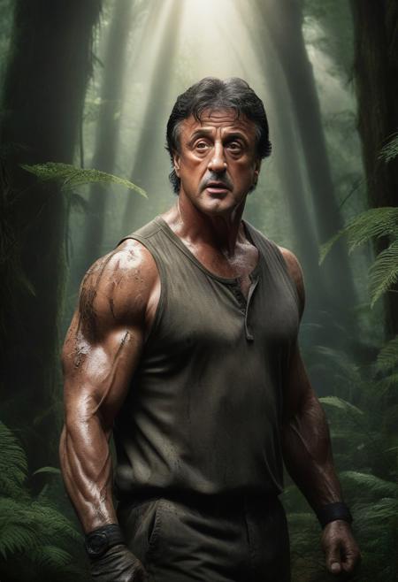 The image is a digital illustration of a mysterious and strange scene in a forest. The focal point of the image is Rambo (Sylvester Stallone) in the middle of the frame. Rambo is sweaty and covered in dirt, his gaze is menacing, The background is filled with tall trees and ferns, creating a canopy of dense greenery. A bright light shines through the trees, casting a warm glow over the scene. The general atmosphere of the illustration is strange and mysterious